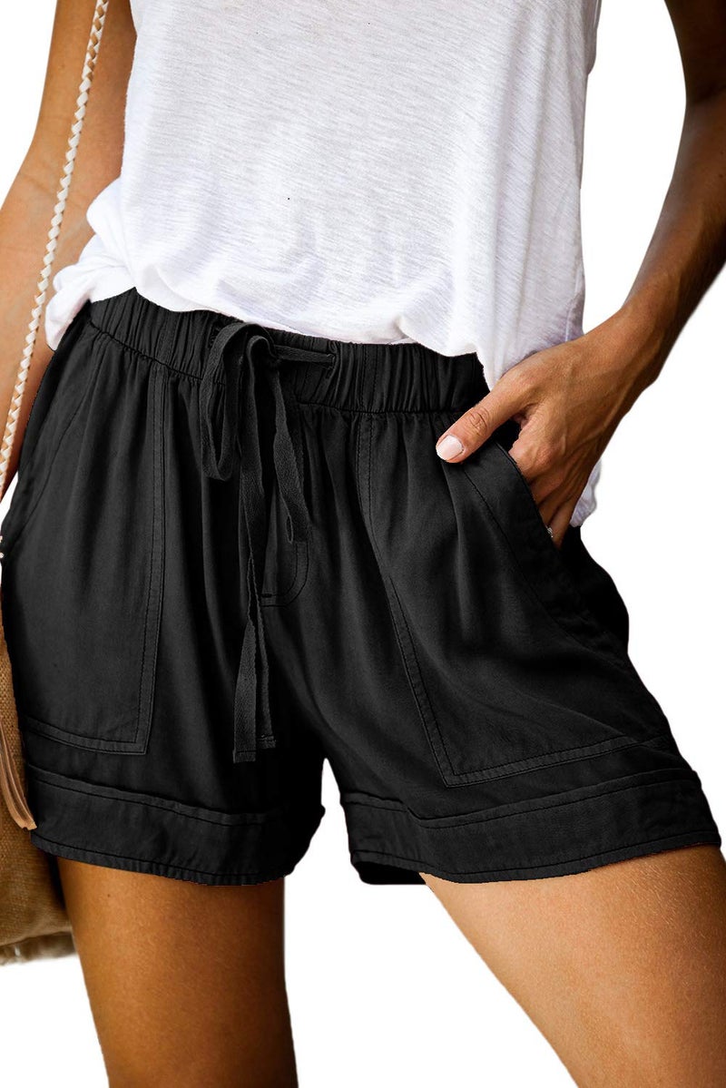 KISSMODA Women's Black Cotton Shorts Linen Lounge Elastic Waist Comfy Wide Leg Loose Shorts with Pockets - Image 1